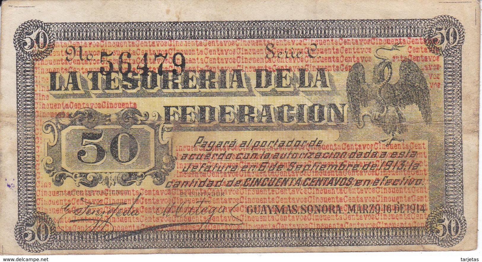BILLETE DE MEXICO DE 50 CENTAVOS DEL AÑO 1914  TESORERIA FEDERACION (BANKNOTE) - Mexique