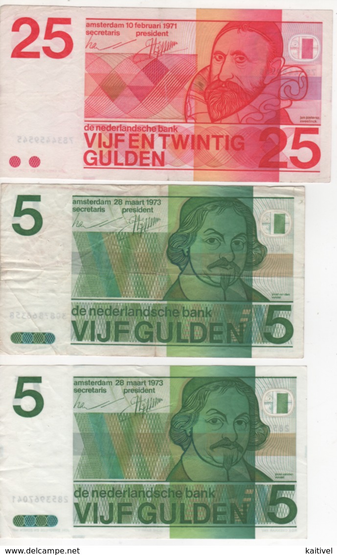 Nederland The Nethelands 2 Billets De 5 Gulden Et 1 De 25 Gulden - Andere & Zonder Classificatie
