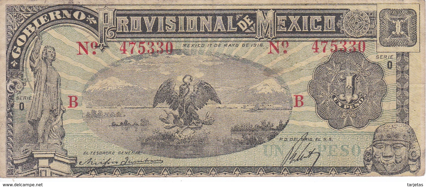 BILLETE DE MEXICO DE 1 PESO DEL AÑO 1916 - B  -GOBIERNO PROVISIONAL (BANKNOTE) - México