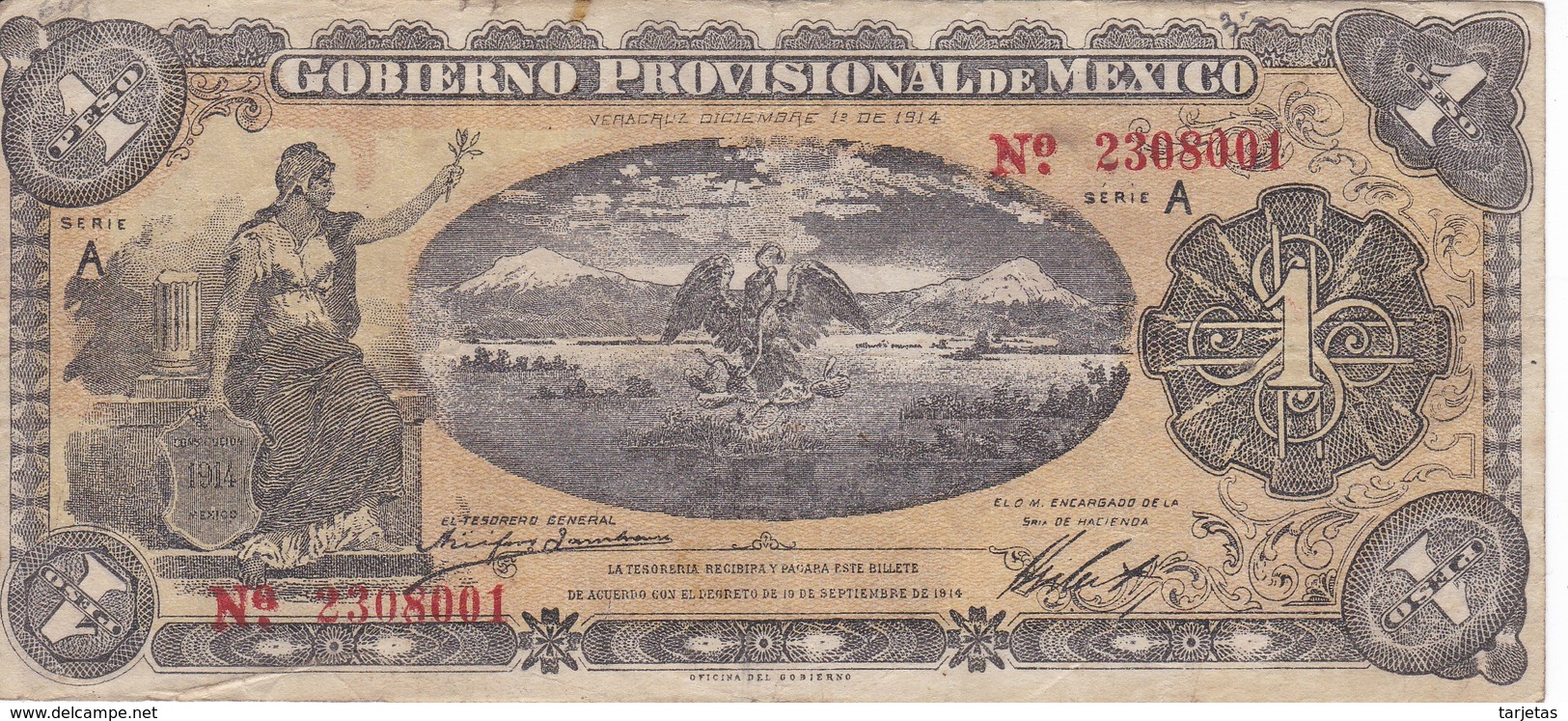 BILLETE DE MEXICO DE 1 PESO DEL AÑO 1914 GOBIERNO PROVISIONAL (BANKNOTE) - México