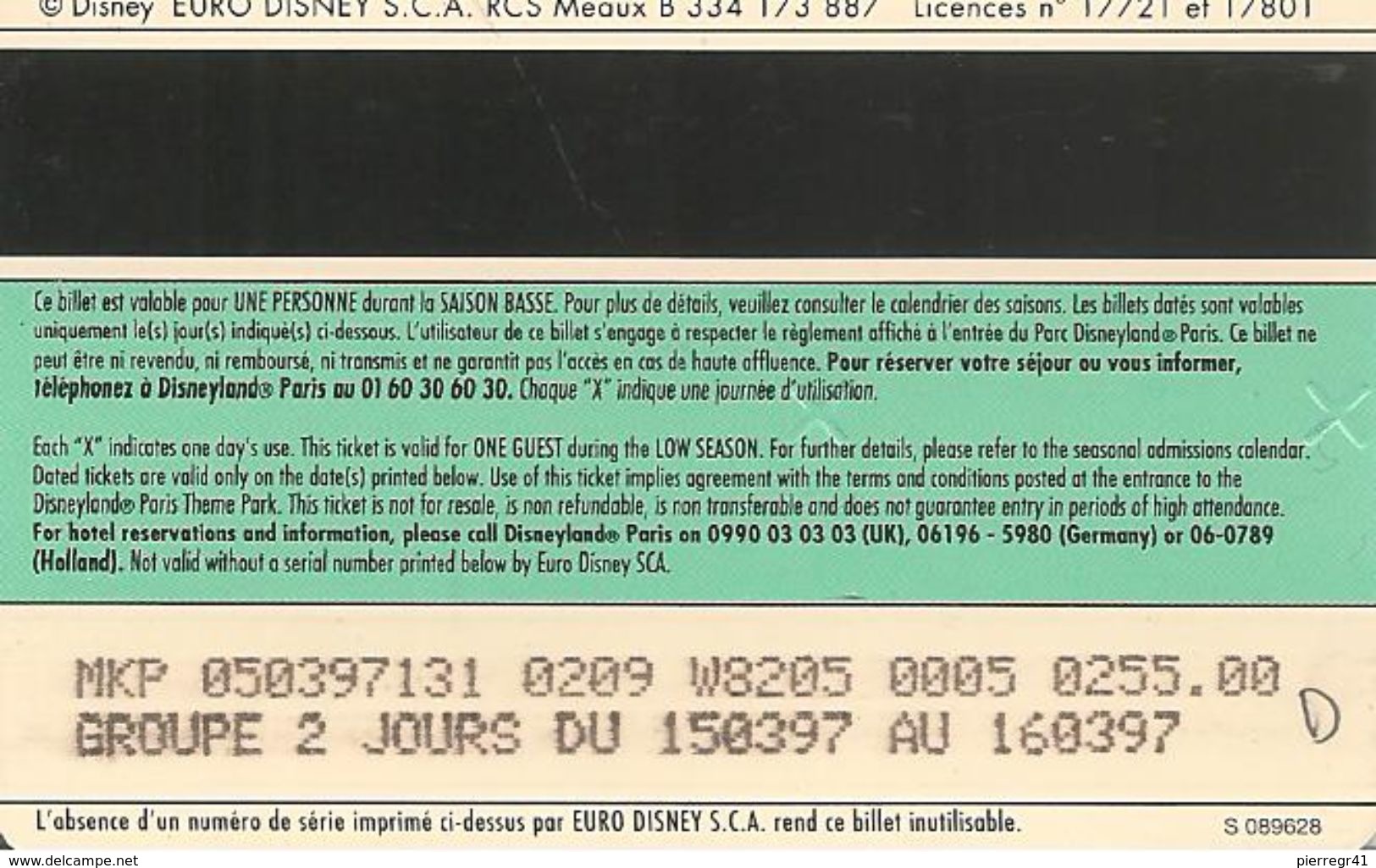 PASS--DISNEY-DISNEYLAND PARIS-1996-POCAHONTAS-V° Speos N°S 089628 En Bas A Droite-TBE - Disney-Pässe