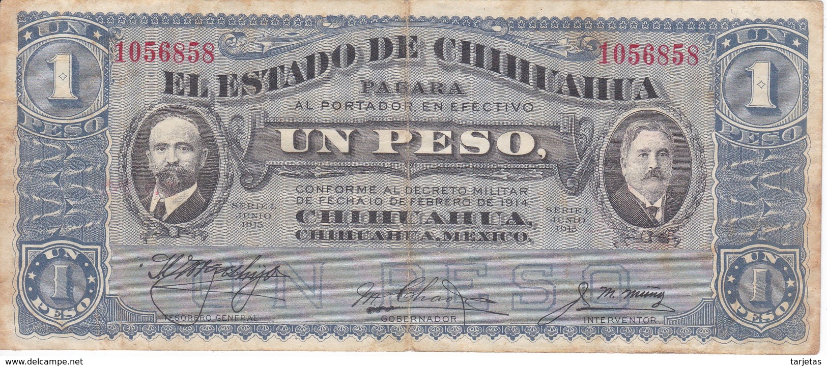 BILLETE DE MEXICO DE 1 PESO DEL AÑO 1915 ESTADO DE CHIHUAHUA (BANKNOTE) - México