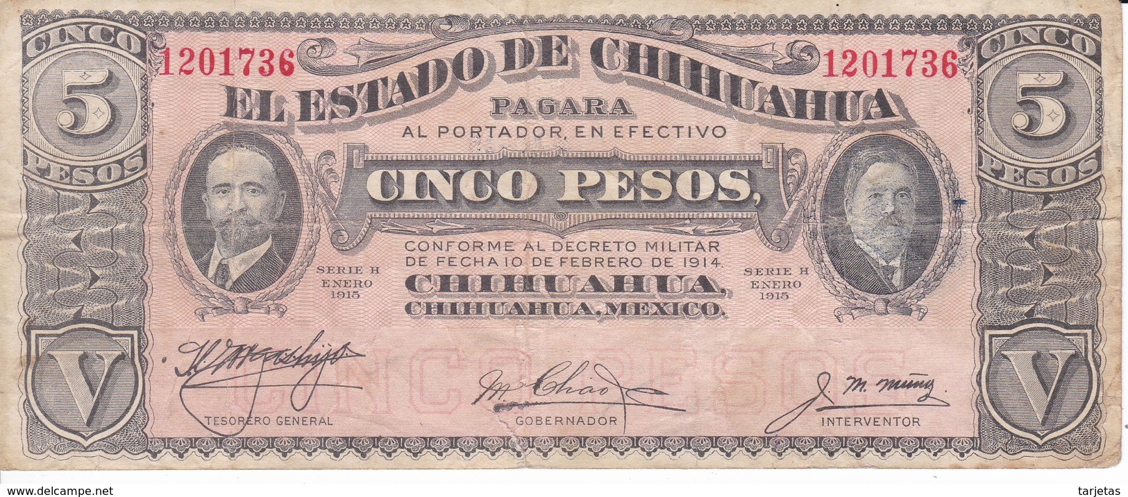 BILLETE DE MEXICO DE 5 PESOD DEL AÑO 1915 ESTADO DE CHIHUAHUA (BANKNOTE) - México