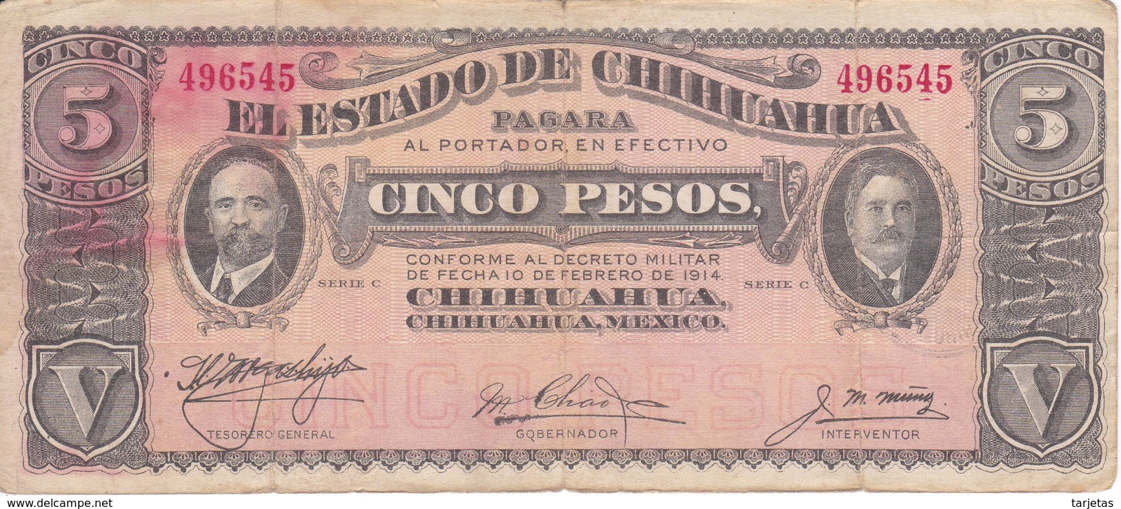 BILLETE DE MEXICO DE 5 PESOS DEL AÑO 1914 ESTADO DE CHIHUAHUA (BANKNOTE) - Mexique