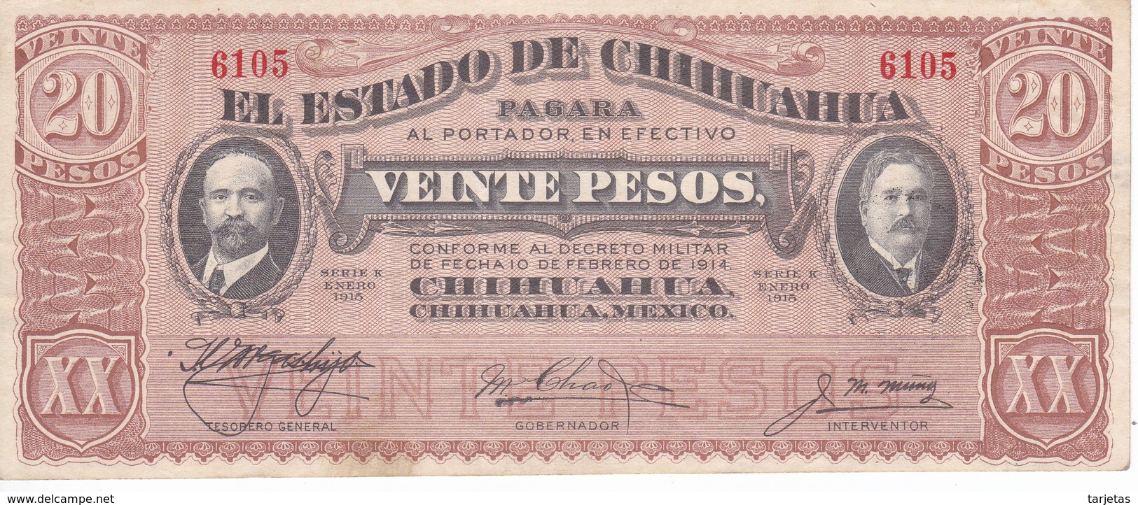 BILLETE DE MEXICO DE 20 PESOS DEL AÑO 1915 ESTADO DE CHIHUAHUA CALIDAD EBC (XF) (BANKNOTE) - México