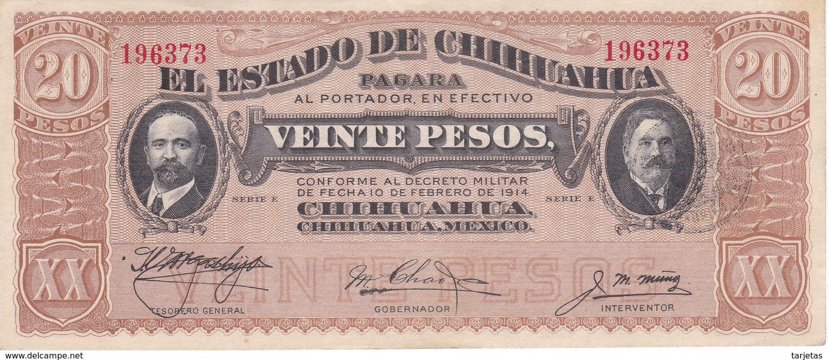 BILLETE DE MEXICO DE 20 PESOS DEL AÑO 1914 ESTADO DE CHIHUAHUA CALIDAD EBC (XF) (BANKNOTE) - México