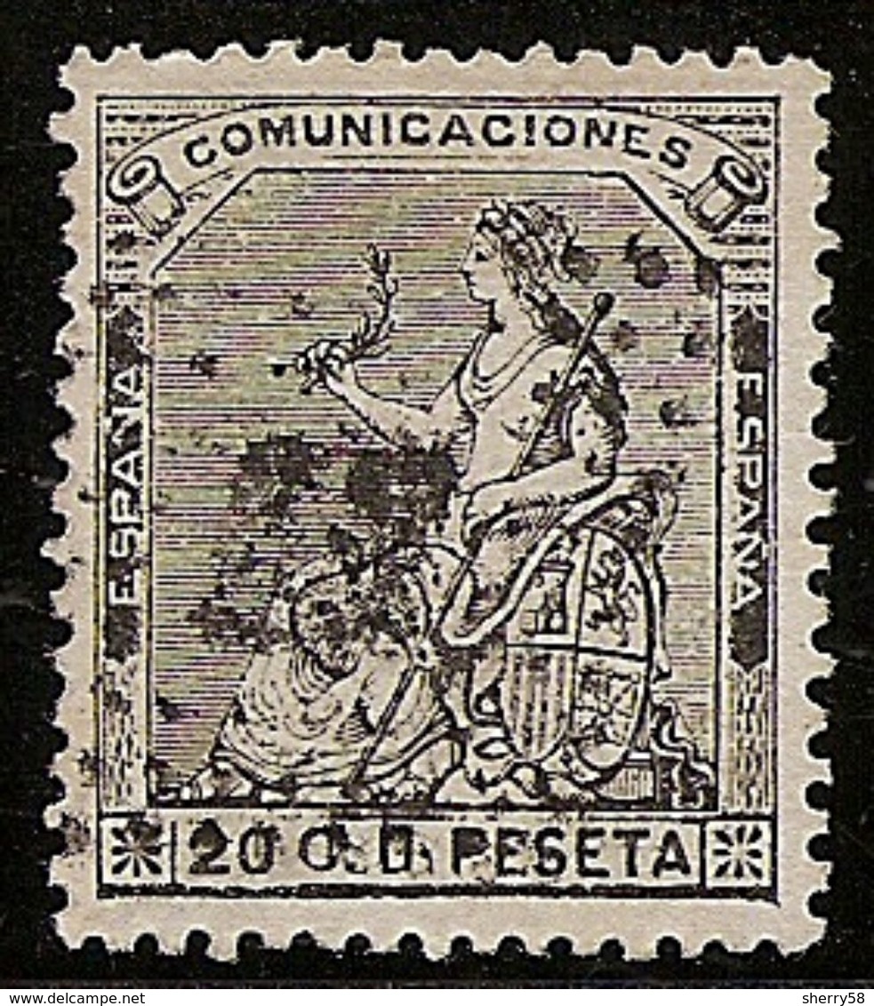 1873-ED. 134  I REPÚBLICA - ALEGORÍA DE ESPAÑA - 20 CENT. NEGRO GRISACEO-USADO ROMBO DE PUNTOS - Usados