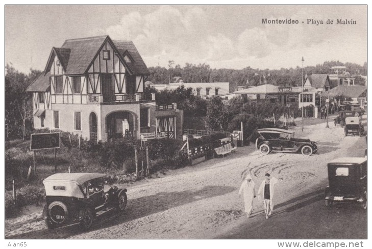 Monetvideo Uruguay, Playa De Mealvin Beach, Autos, Architecture, C1920s/30s Vintage Postcard - Uruguay