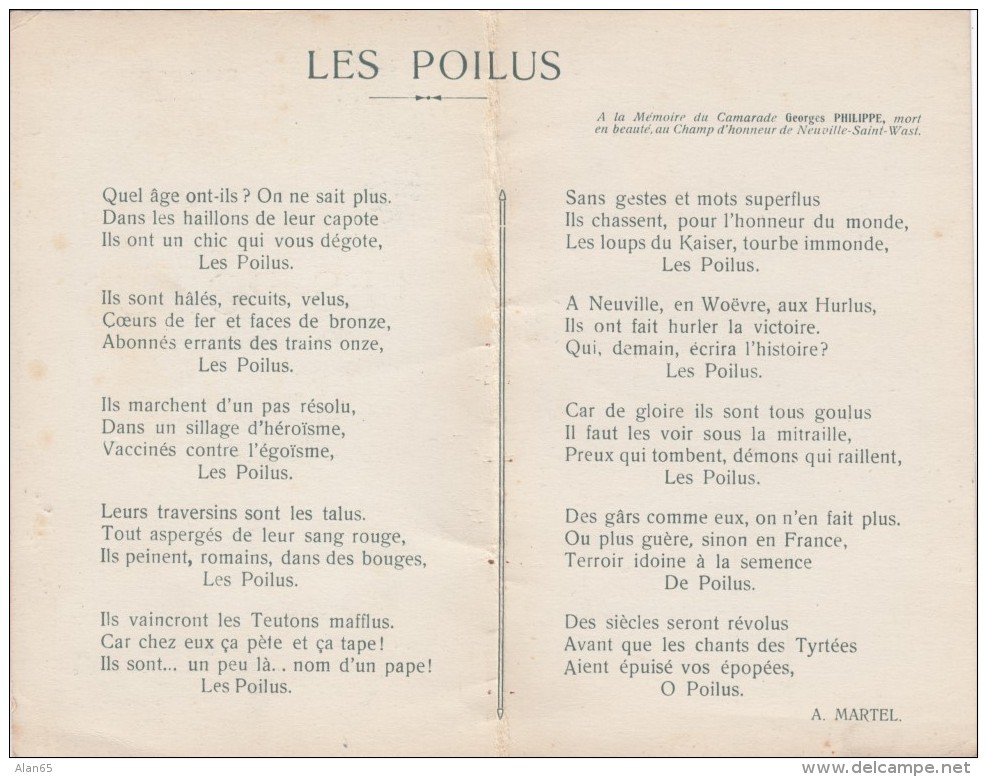 'Les Poilus' WWI Poem In Memory Of Geores Philippe KIA At Neuville St. Wast, C1910s Vintage Postcard - War 1914-18