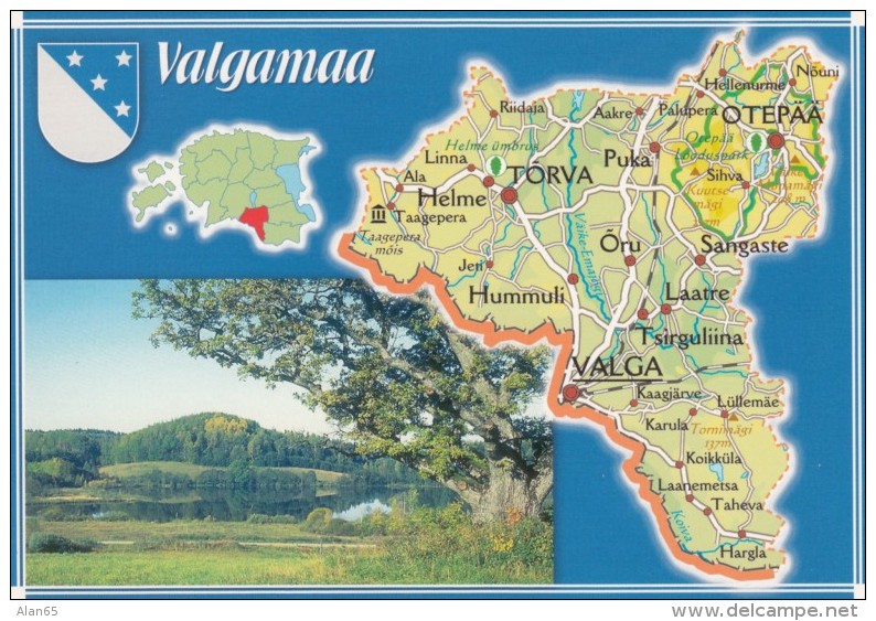 Estonia, Map Of Valgamaa Province With Roads And Cities, C1990s/2000s Vintage Postcard - Estonia