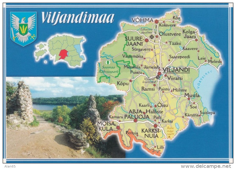 Estonia, Map Of Viljandimaa Province With Roads And Cities, C1990s/2000s Vintage Postcard - Estonia