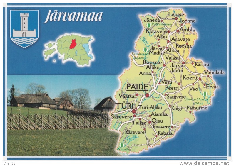 Estonia, Map Of Jarvamaa Province With Roads And Cities Paide Turi, C1990s/2000s Vintage Postcard - Estonie
