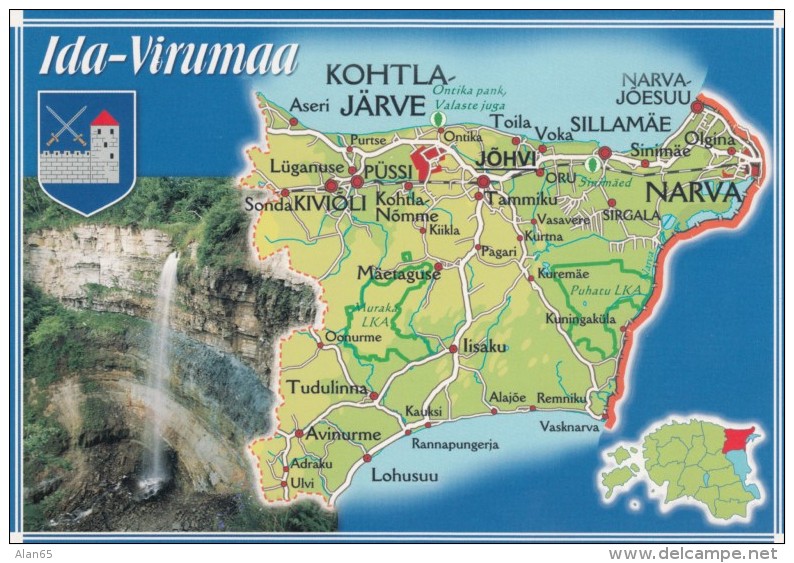 Estonia, Map Of Ida-Virumaa Province With Roads And Cities Kohtla-Jarve, Narva, C1990s/2000s Vintage Postcard - Estonie