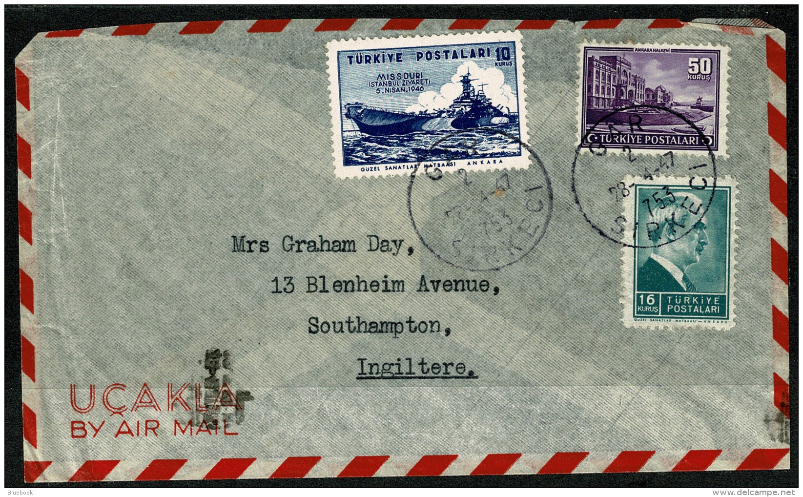 RB 1188 - 1947 Airmail Cover - Gar Turkey 76k Rate To Southampton UK - Lettres & Documents