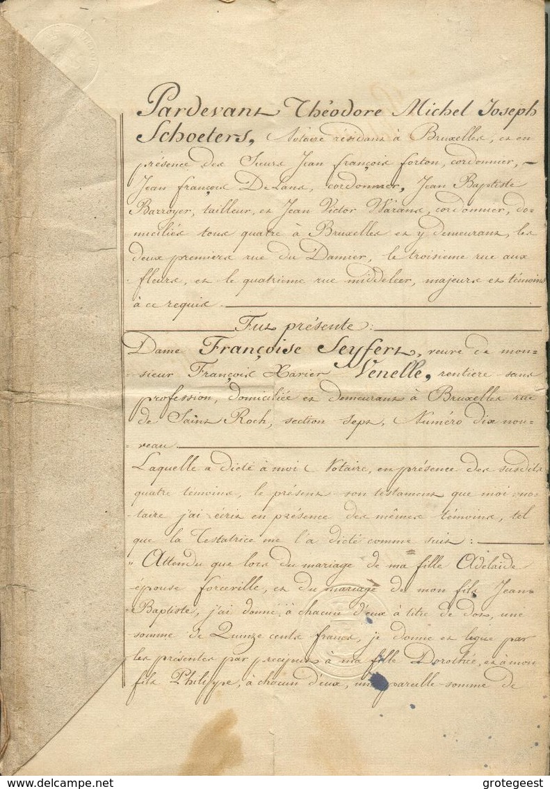 SUCCESSION - Testament De Françcoise Seyfert, Veuve De  François Xavier VENELLE  à Bruxelles Par Maître SCHOETERS, Notai - Documents Historiques