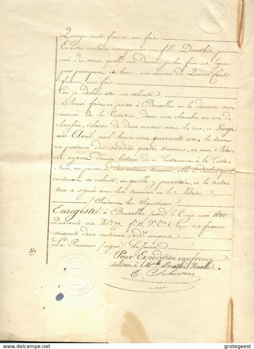 SUCCESSION - Testament De Françcoise Seyfert, Veuve De  François Xavier VENELLE  à Bruxelles Par Maître SCHOETERS, Notai - Documents Historiques