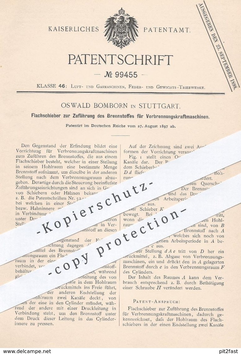 Original Patent - Oswald Bomborn , Stuttgart , 1897 , Flachschieber Für Verbrennungskraftmaschinen | Brennstoff , Motor - Historische Dokumente