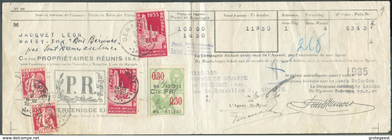 Effet De Commerce De L'Assurance Des Propriétaires Réunis Affranchi à 2Fr50 Dt 2x.25c. Cérès + Timbre Fiscal De 0.30 Obl - 1932 Ceres Y Mercurio