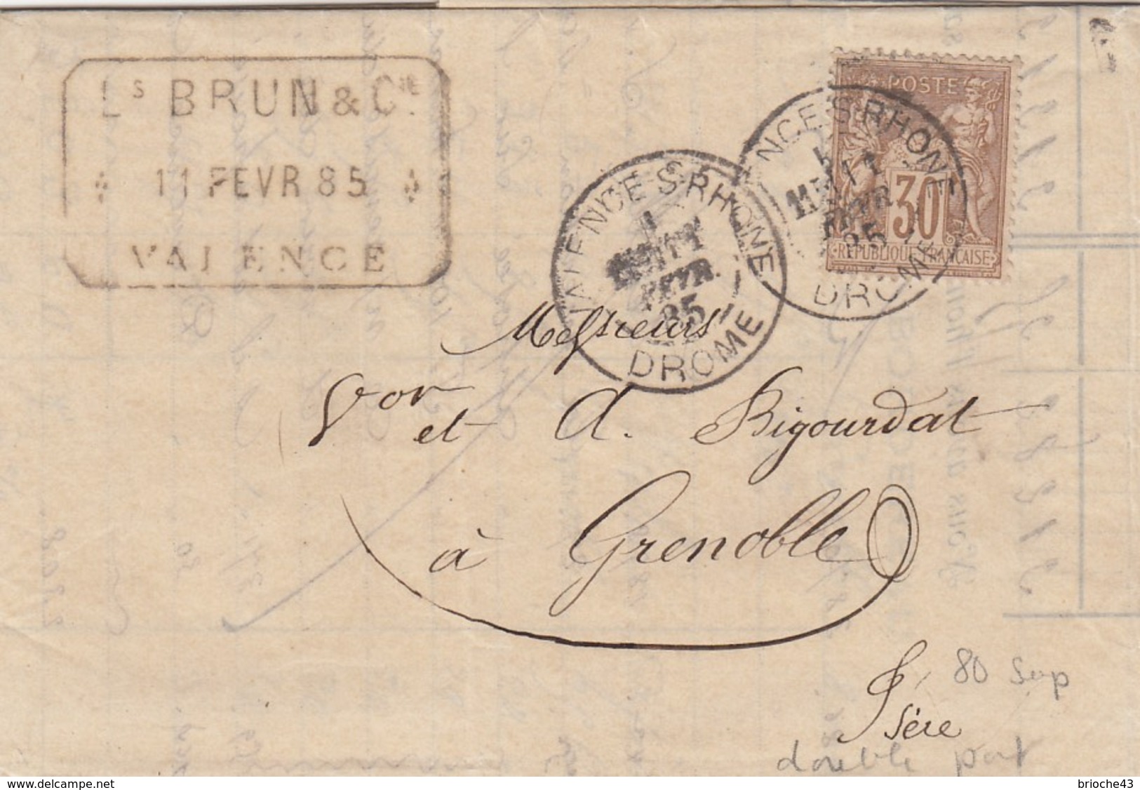 FRANCE - LETTRE Ets BRUN & Cie VALENCE 11 FEV 85 POUR GRENOBLE ISERE   / 3 - 1877-1920: Semi-moderne Periode