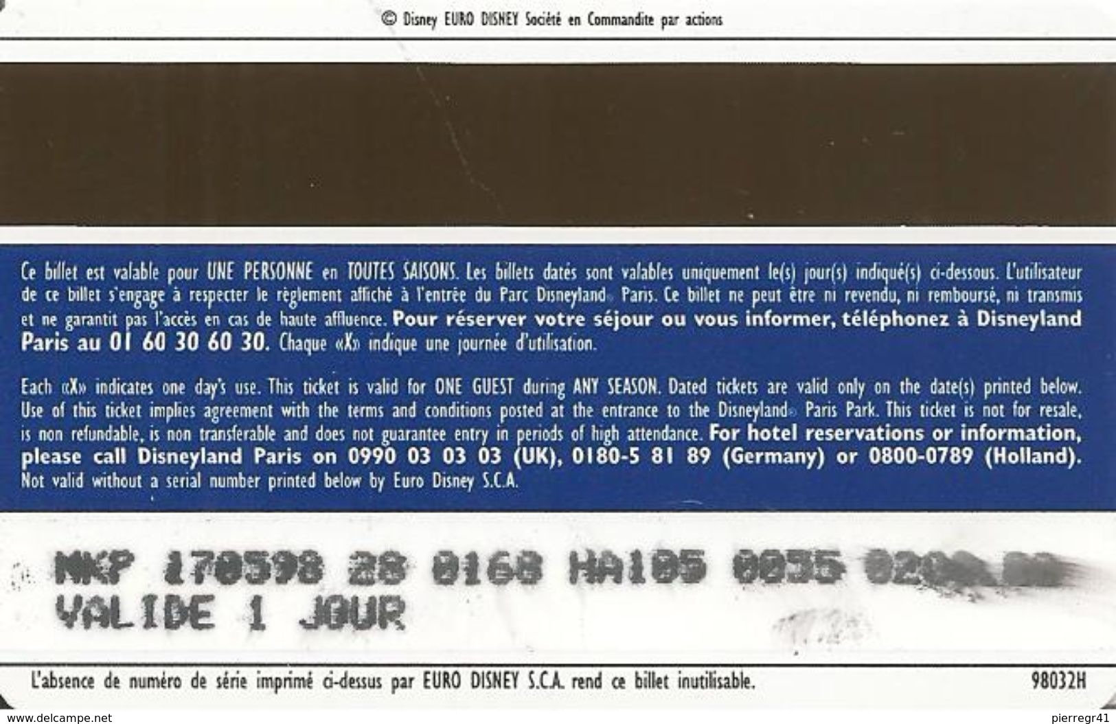 PASS--DISNEY-DISNEYLAND PARIS-1998-HERCULE ADULTE-V° SerieN°98032H-TBE - Passeports Disney