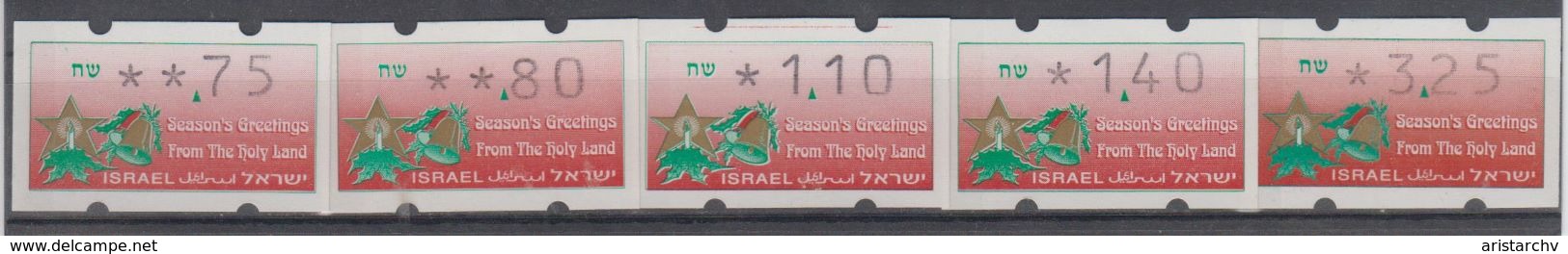 ISRAEL 1992 SIMA ATM CHRISTMAS SEASON'S GREETINGS FROM THE HOLY LAND 0.75 0.80 1.10 1.40 3.25 SHEKELS - Franking Labels