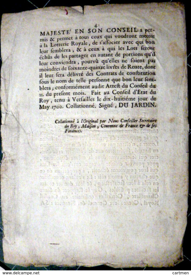 LOTERIE ROYALE 17° JEU DE HASARD EXTRAIT DE DECISION DU ROI AUTORISANT LE PARTAGE DE BILLETS ENTRE LES JOUEURS 1700 LOTO - Documents Historiques