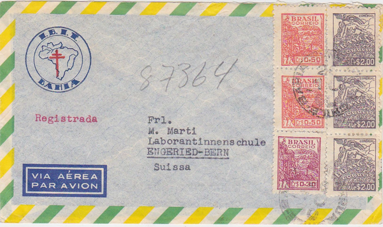 BRAZIL 1950 REG.AIRMAIL COVER BAHIA (Tuberculosis Research) TO SWITZERLAND - Autres