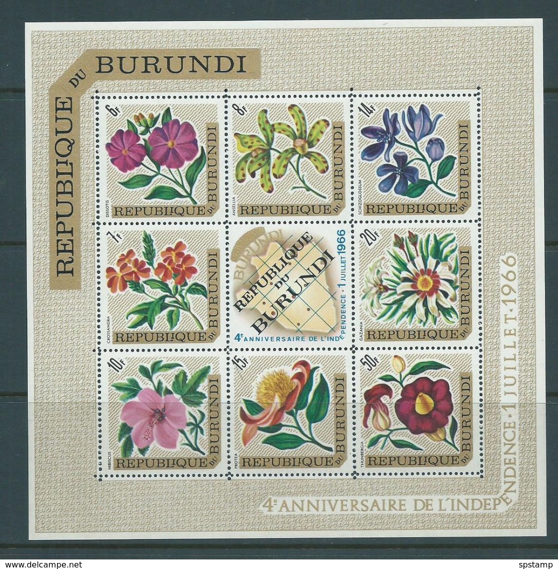 Burundi 1966 Republic Overprints On Flower Airs Sheet Of 8 X 4 , The 4 Different Centre Label Types MNH - Unused Stamps