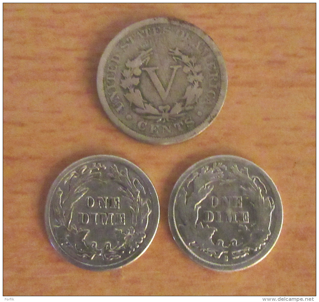 Etats-Unis - 3 Monnaies Dont 1 Dime 1867 S, 1 Dime 1905 Et 5 Cents 1905 - TTB - Collections