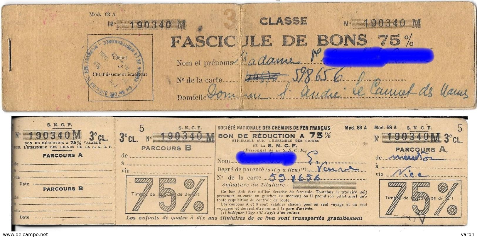 CHEMIN DE FER - CARNET  DE BONS DE REDUCTION 75 % -Région De La Méditerranée -LE CANNET DES MAURES -S.N.C.F. 3e Classe - Other & Unclassified