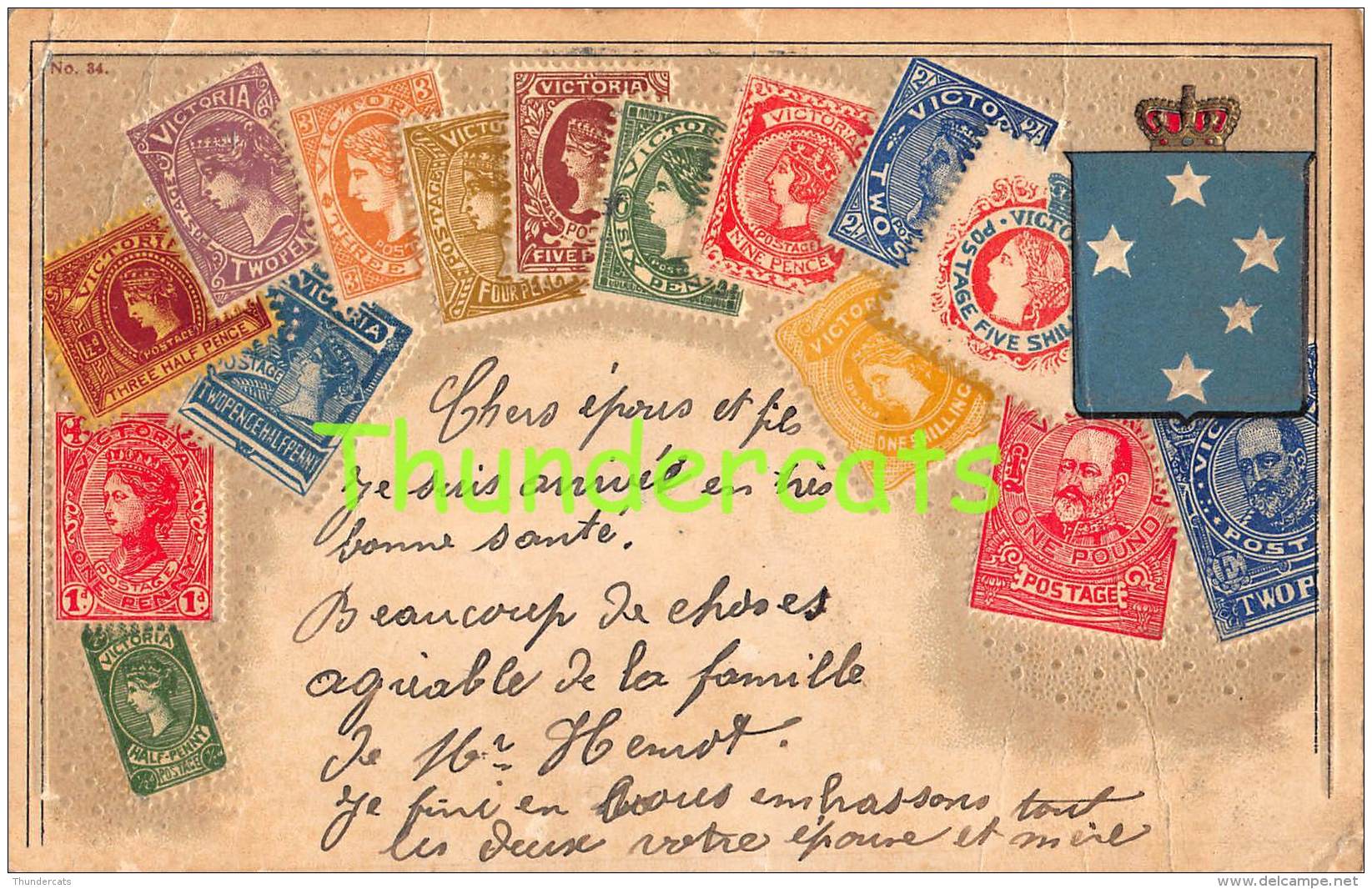 CPA EN RELIEF GAUFREE LE  LANGAGE DES TIMBRES UNITED KINGDOM STAMPS ROYAUME UNI ( LARGE CREASE ) - Timbres (représentations)