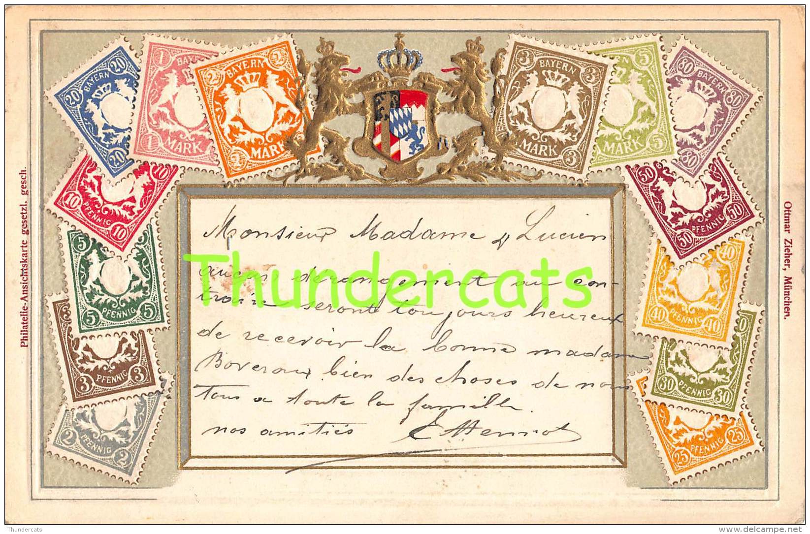 CPA EN RELIEF GAUFREE LE  LANGAGE DES TIMBRES OTTMAR ZIEHER BAYERN DEUTSCHLAND ALLEMAGNE - Timbres (représentations)