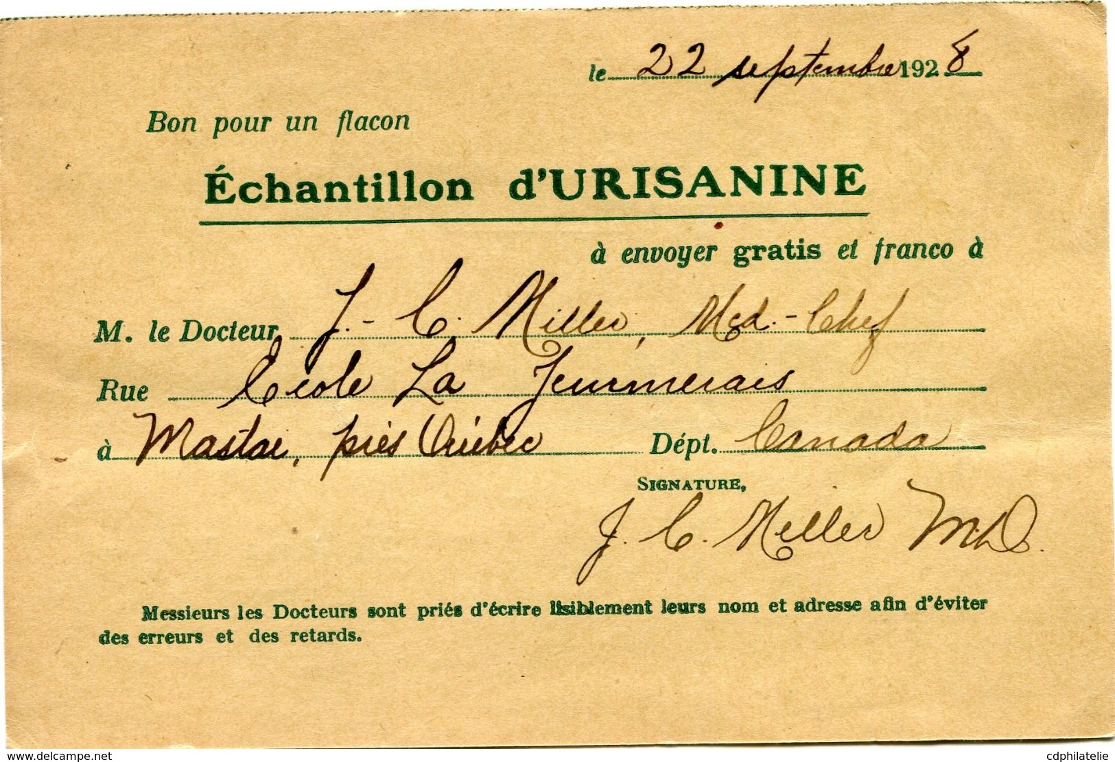 CANADA CARTE POSTALE BON POUR UN FLACON ECHANTILLON D'URISANINE DEPART MASTAI SP 24  28  POUR LA FRANCE - Cartas & Documentos