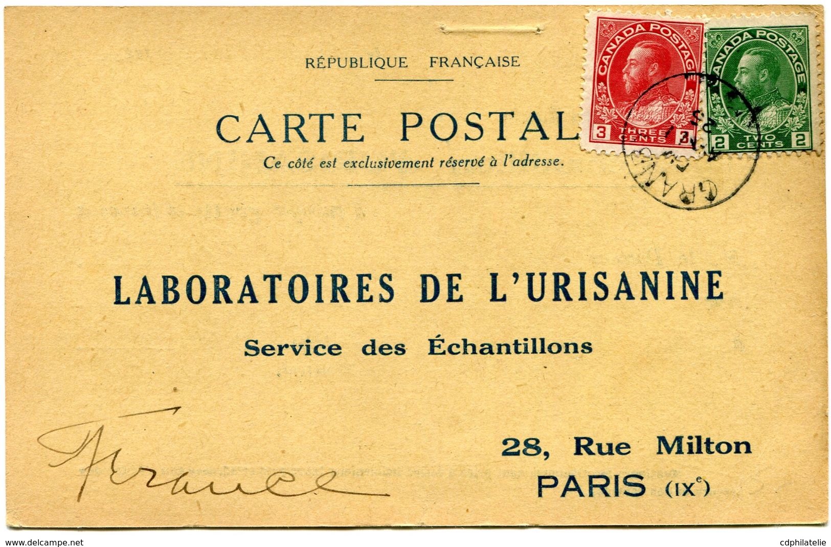 CANADA CARTE POSTALE BON POUR UN FLACON ECHANTILLON D'URISANINE DEPART GRANBY APR 1  25 POUR LA FRANCE - Briefe U. Dokumente