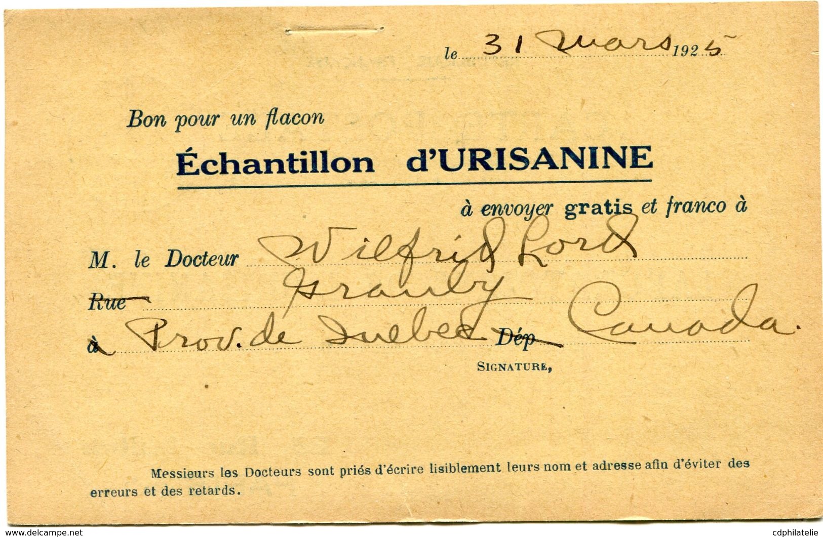 CANADA CARTE POSTALE BON POUR UN FLACON ECHANTILLON D'URISANINE DEPART GRANBY APR 1  25 POUR LA FRANCE - Storia Postale