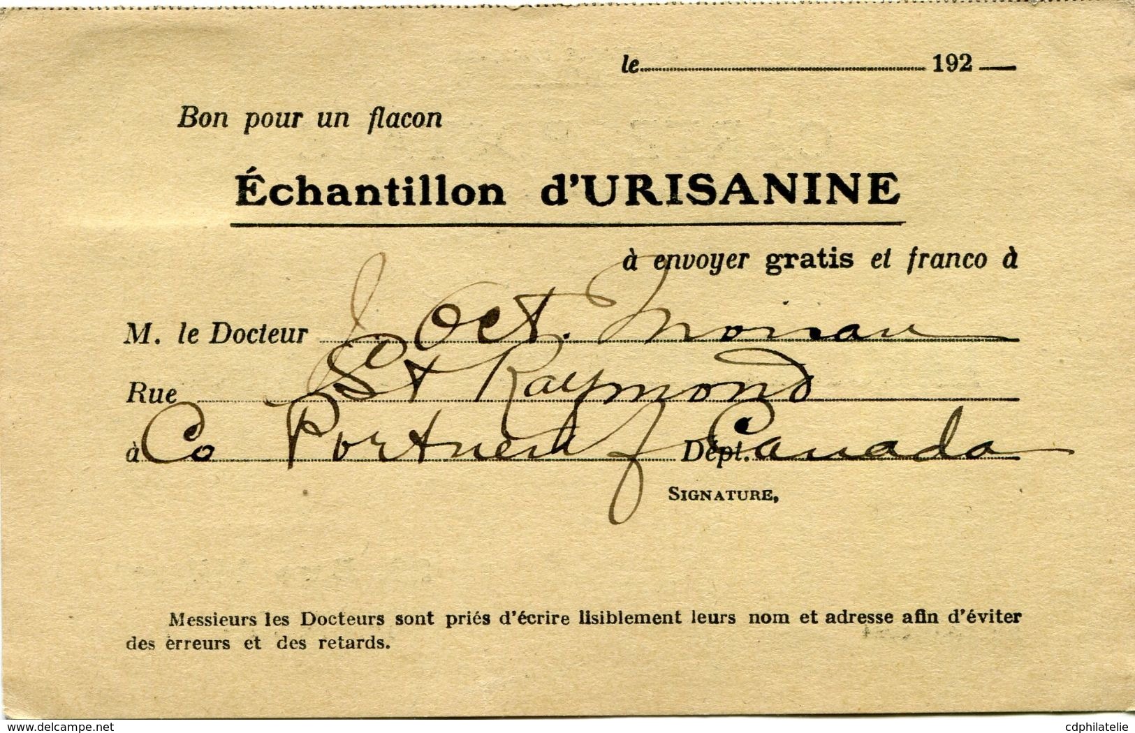 CANADA CARTE POSTALE BON POUR UN FLACON ECHANTILLON D'URISANINE DEPART ST RAYMOND NO 26  2?  POUR LA FRANCE - Cartas & Documentos