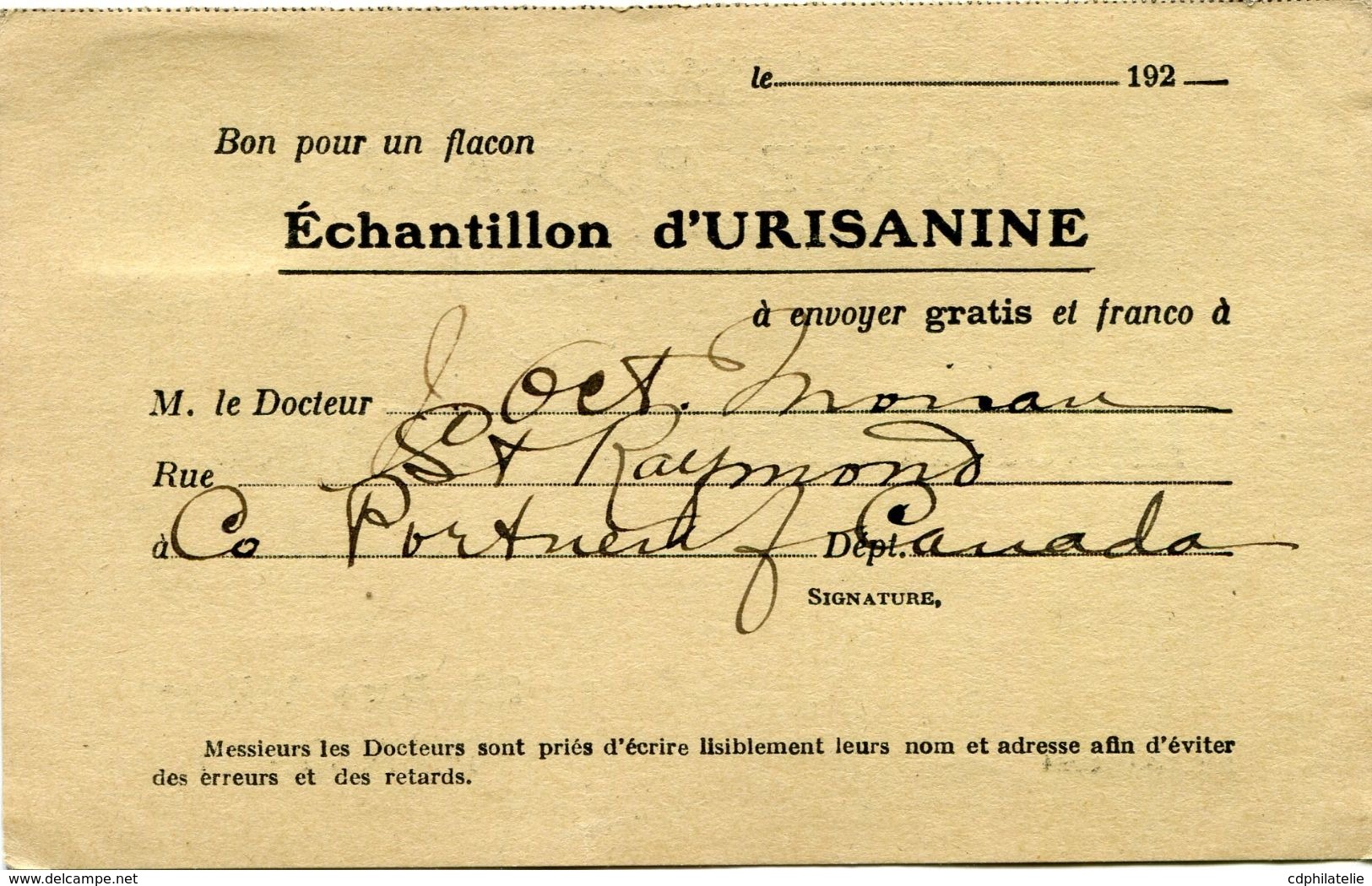 CANADA CARTE POSTALE BON POUR UN FLACON ECHANTILLON D'URISANINE DEPART ST RAYMOND NO 26  2?  POUR LA FRANCE - Covers & Documents