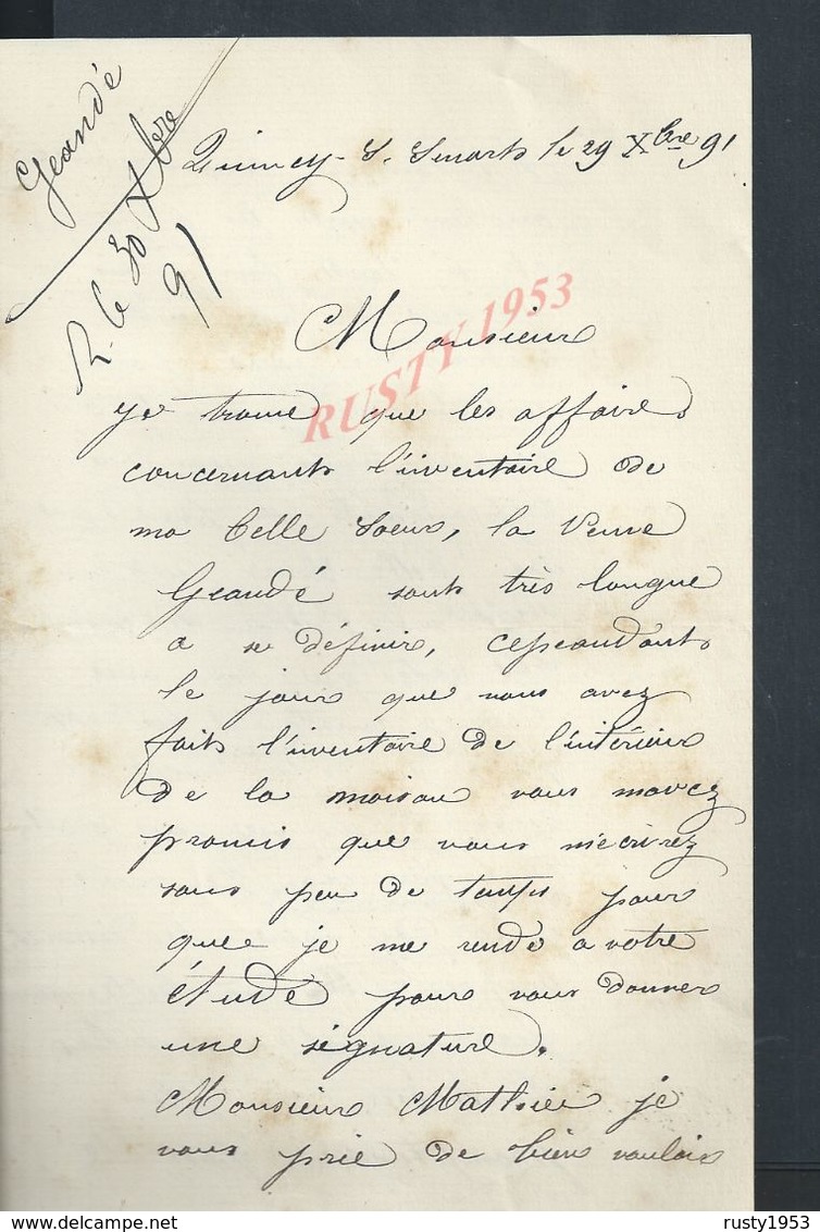 LETTRE DE 1891 ECRITE DE QUINCY SOUS SENART : - Manuscripts