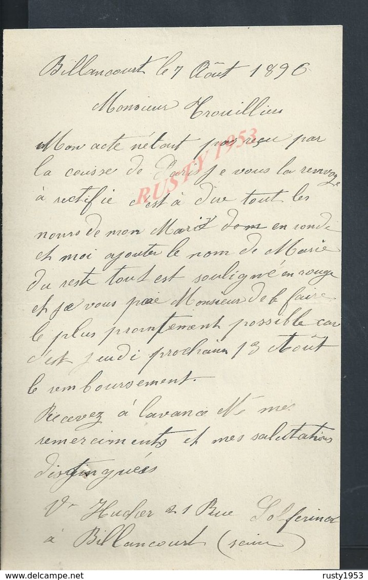 LETTRE DE 1896 ECRITE DE BILLANCOURT SEINE : - Manuscripts