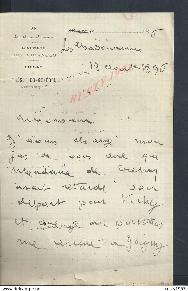 LETTRE DE 1896 ECRITE MINISTERE DES FINANCES D EURE & LOIR  : - Manuscripts