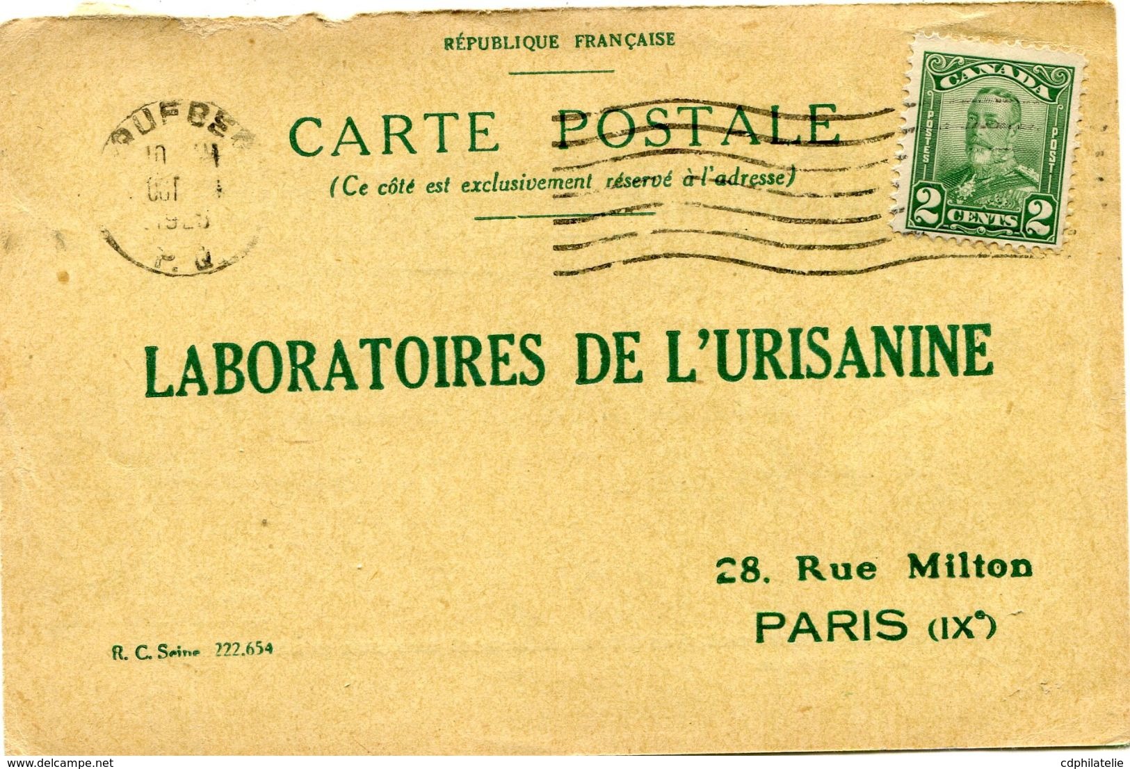 CANADA CARTE POSTALE BON POUR UN FLACON ECHANTILLON D'URISANINE DEPART QUEBEC OCT 31  1928 POUR LA FRANCE - Lettres & Documents