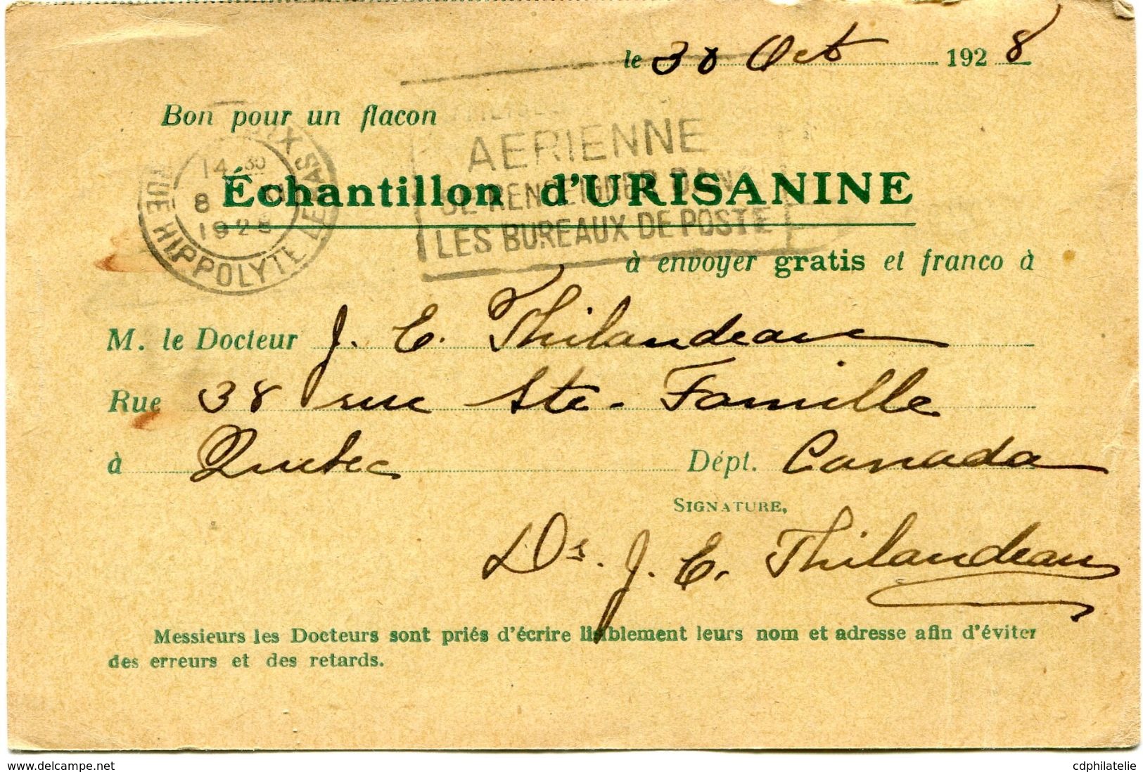 CANADA CARTE POSTALE BON POUR UN FLACON ECHANTILLON D'URISANINE DEPART QUEBEC OCT 31  1928 POUR LA FRANCE - Briefe U. Dokumente