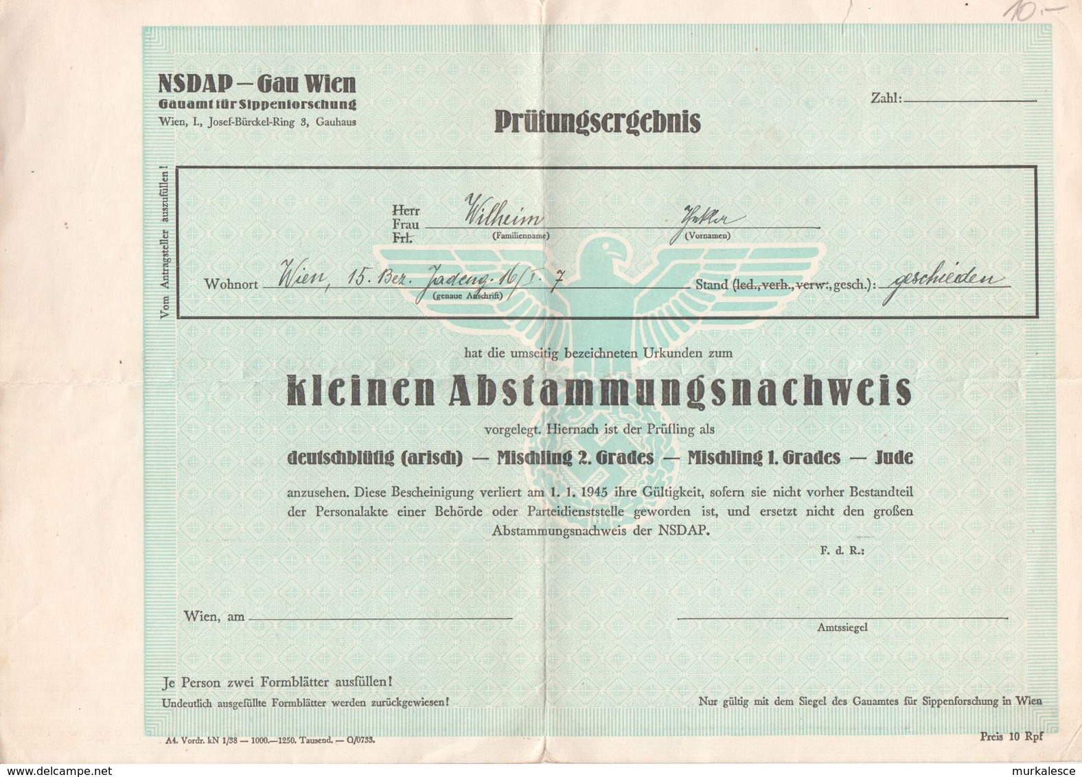 0808     NSDAP  PRÜFUNGSERGEBNIS  ARISCH    KLEINEN  ABSTAMMUNGSNACHWEIS - Documenti