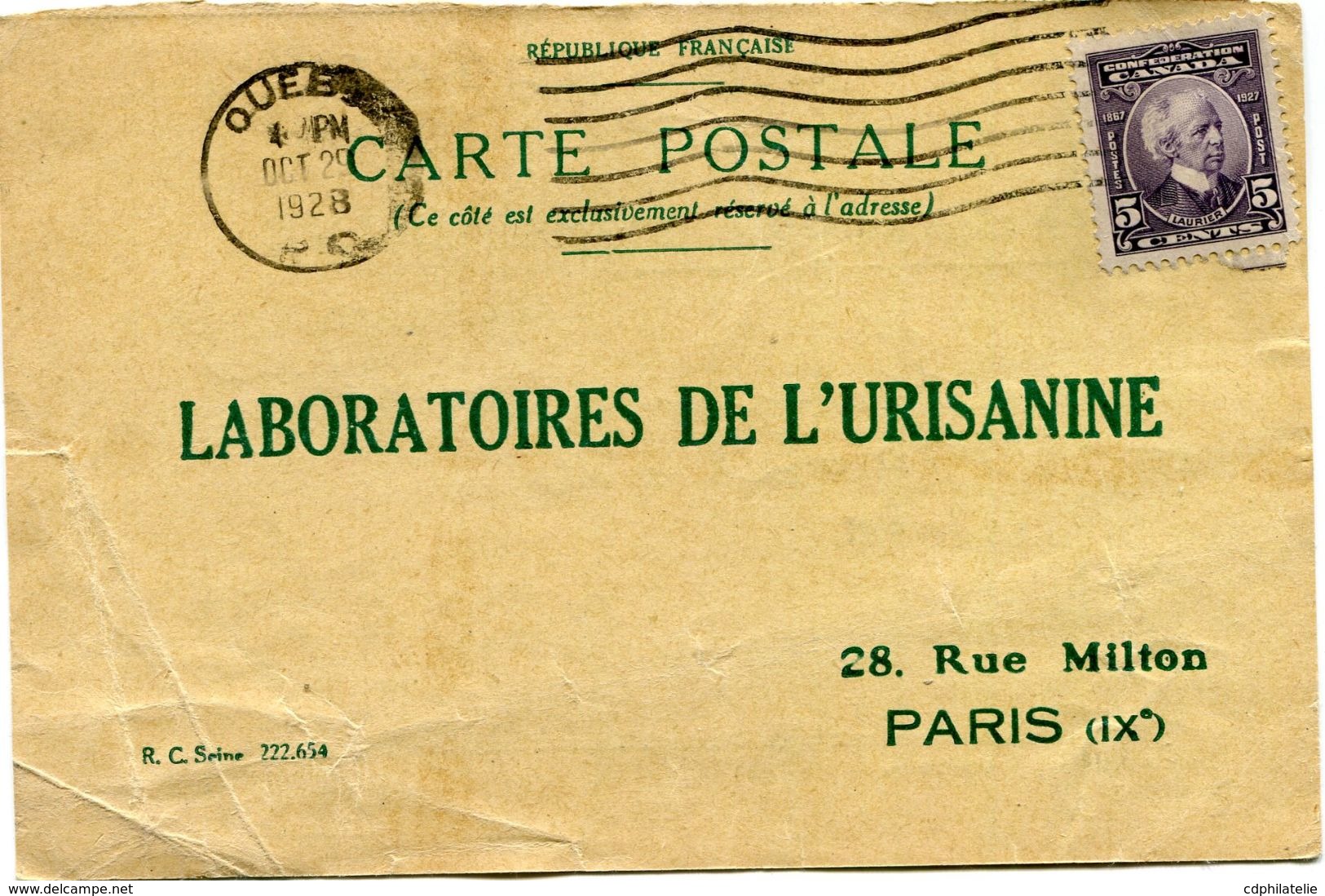 CANADA CARTE POSTALE BON POUR UN FLACON ECHANTILLON D'URISANINE DEPART QUEBEC OCT 29  1928 POUR LA FRANCE - Storia Postale