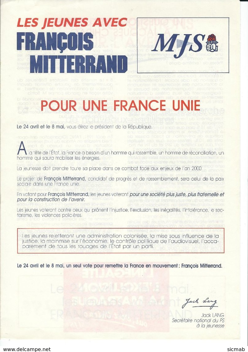 Elections Avril 1988, Matériel éléctoral 1/5 Francois Mitterrand: Profession De Foi, Lettre Comité De Soutien, Tract MJS - Non Classés