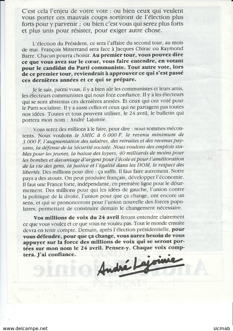 Elections Avril 1988, Matériel éléctoral 2/5  ANDRE LAJOINIE Candidat PCF, Profession De Foi - Matériel Et Accessoires