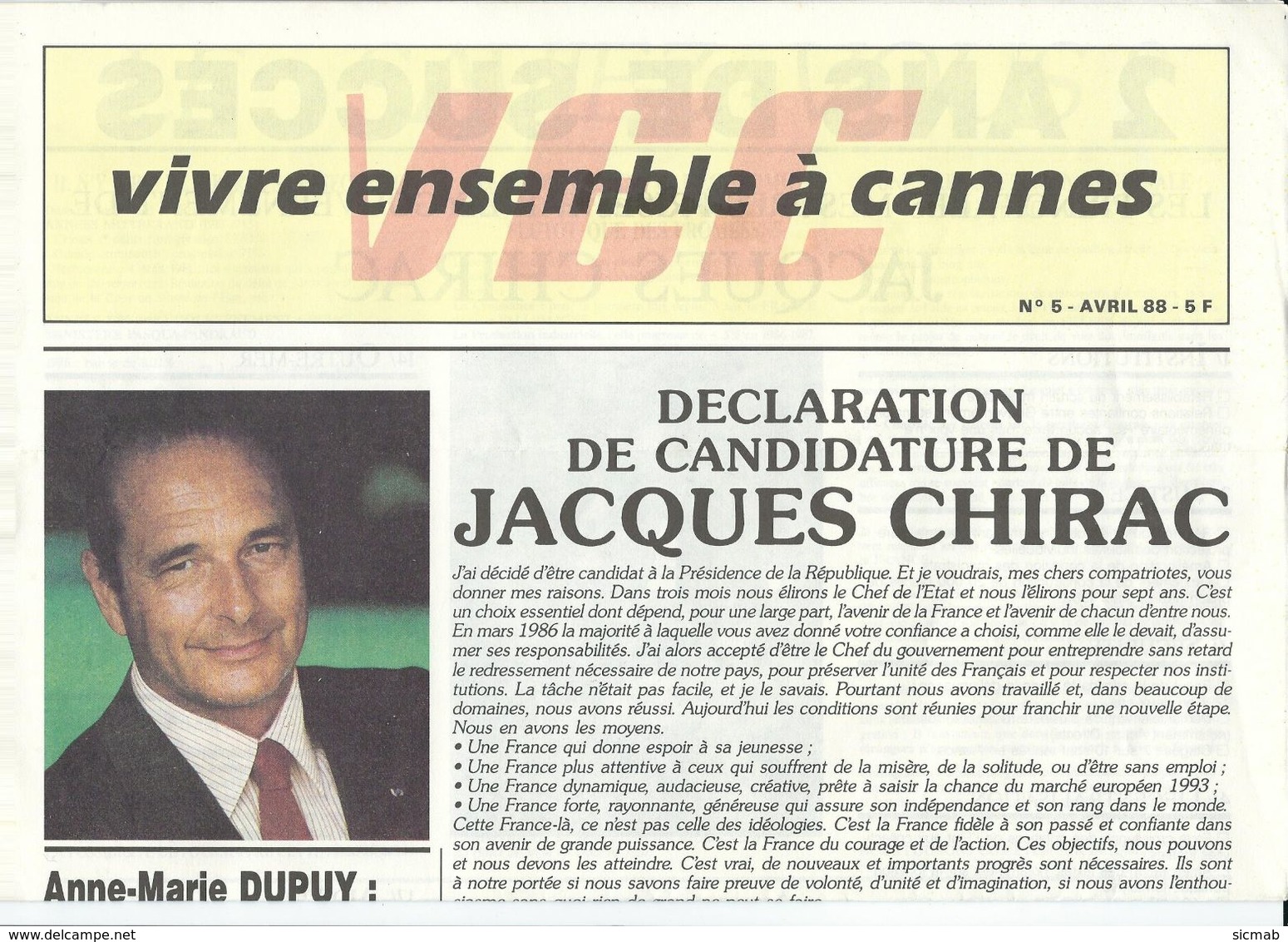 Elections Avril 1988, Matériel éléctoral 3/5 Jacques Chirac, Appel à Voter Chirac In "VIVRE ENSEMBLE A CANNES" - Non Classés