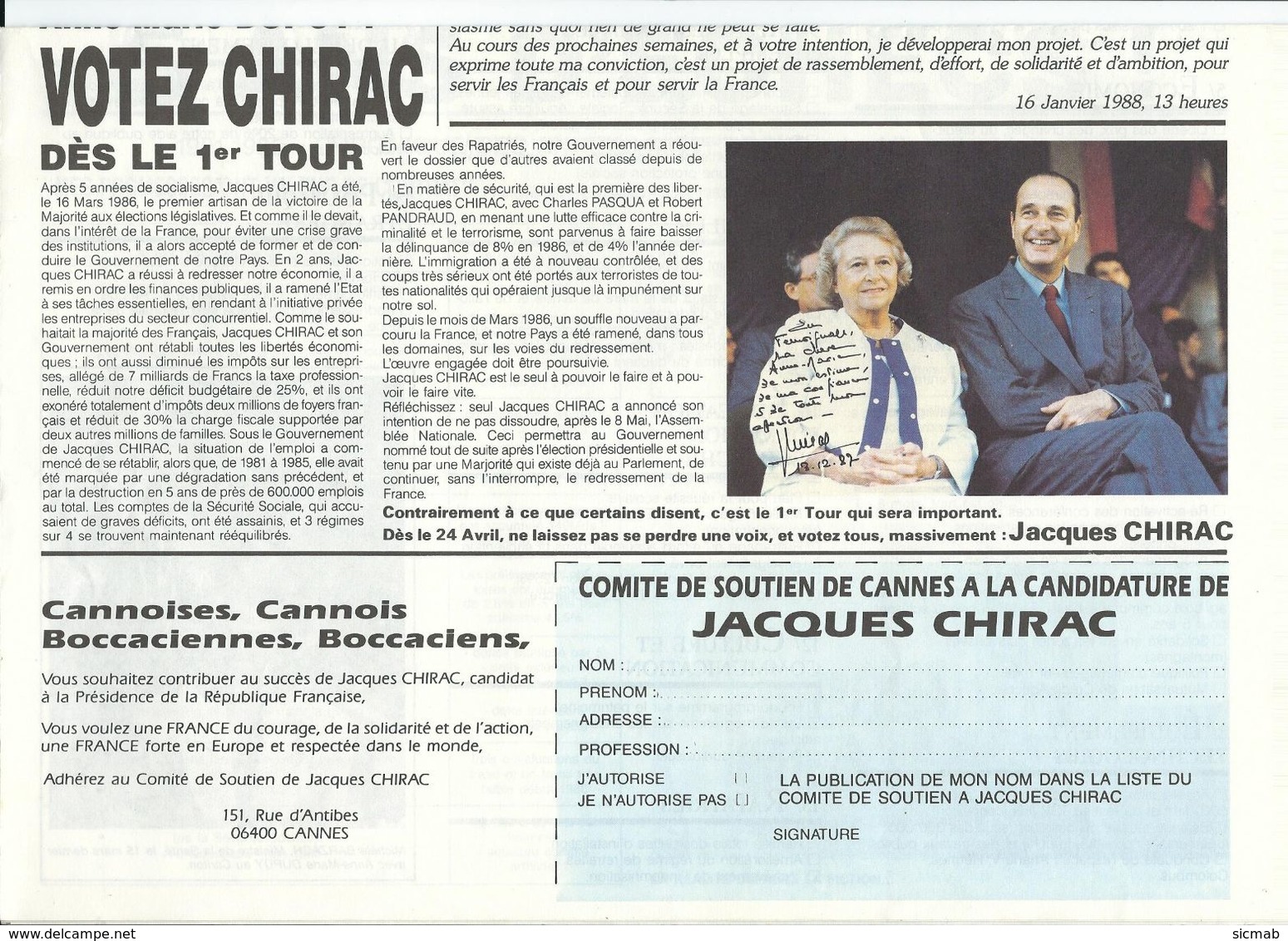 Elections Avril 1988, Matériel éléctoral 3/5 Jacques Chirac, Appel à Voter Chirac In "VIVRE ENSEMBLE A CANNES" - Non Classés