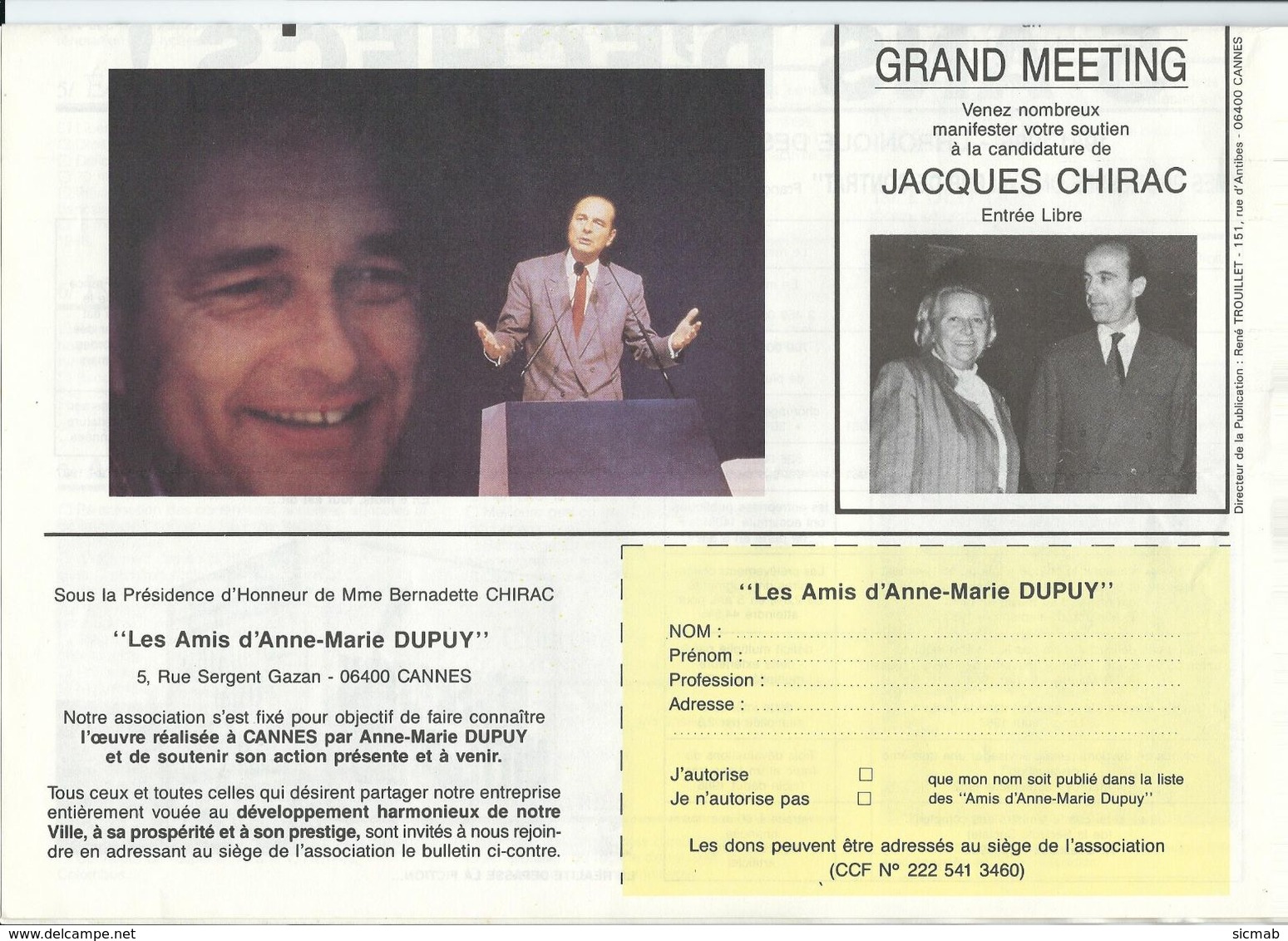 Elections Avril 1988, Matériel éléctoral 3/5 Jacques Chirac, Appel à Voter Chirac In "VIVRE ENSEMBLE A CANNES" - Non Classés