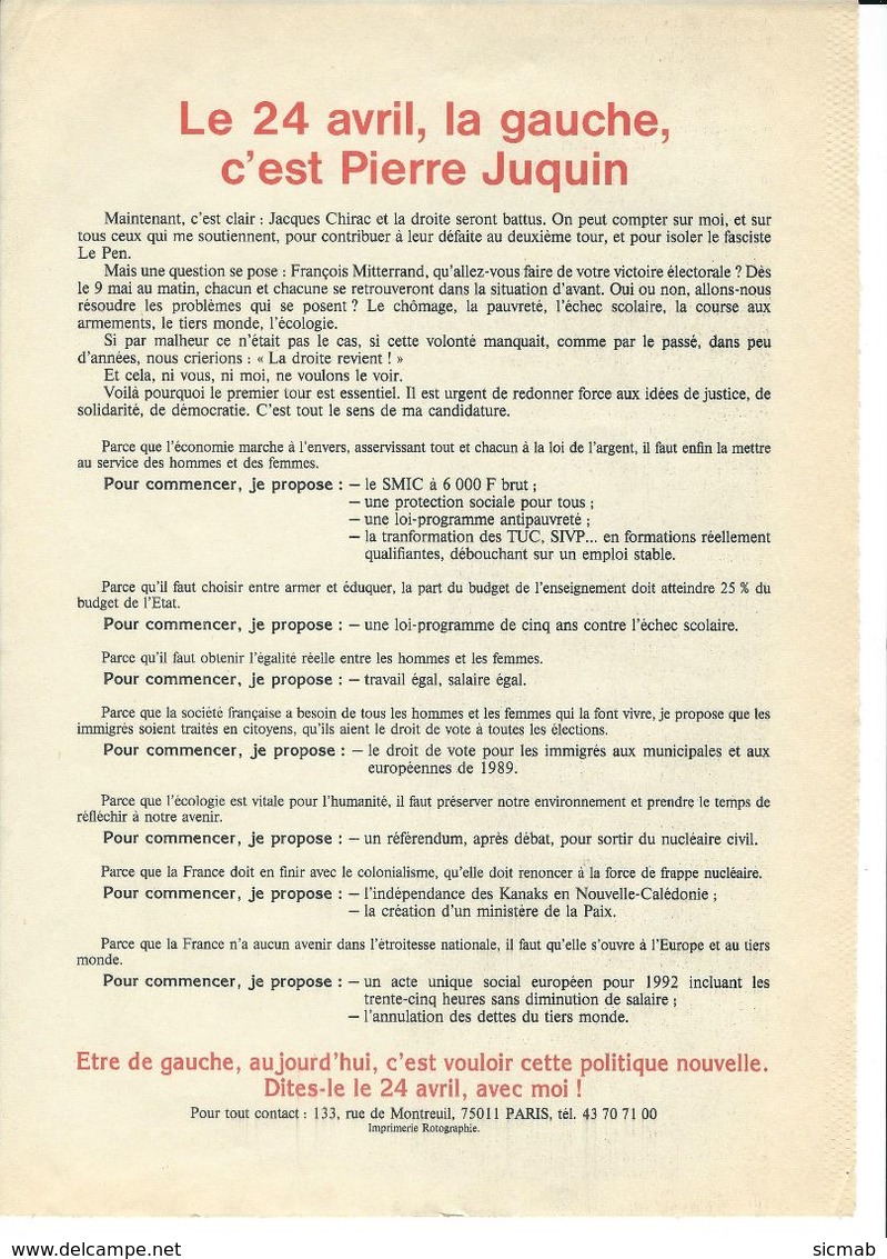 Elections Avril 1988, Matériel éléctoral 5/5. PIERRE JUQUIN. Profession De Foi, Tract Remue- Meninge - Non Classés